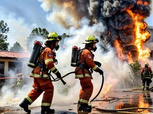 “Create a dramatic and heroic scene featuring Asian female firefighters in full gear, bravely extinguishing a large fire. Firefighters, wearing protective suits, helmets with face shields, and carryin