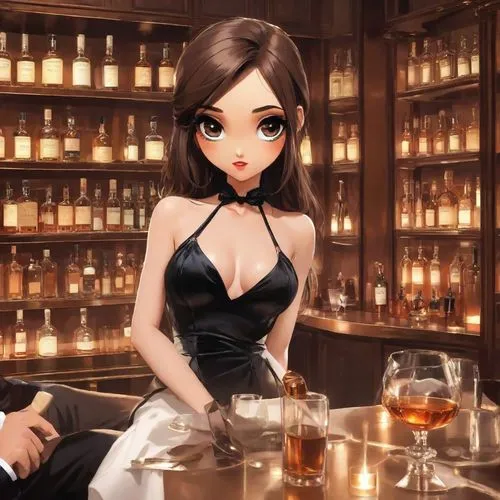 裸體美女在酒吧同男友性愛,a woman in a black dress sitting at a bar with an alcohol glass,bartender,barmaids,cocktails,cocktail,brandy shop,izakaya