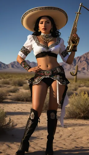 mariachi,wild west,cowgirl,mexican culture,mexican,desert background,sombrero,mexican revolution,cowgirls,girl with a gun,desert flower,sheriff,la catrina,latina,margarita,gunfighter,mexican mix,girl with gun,matador,capture desert,Illustration,American Style,American Style 08