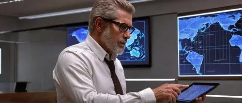 Software architect, middle-aged man, mature face, glasses, short hair, beard, formal wear, suit, tie, white shirt, holding a tablet, pointing at a diagram, explaining to colleagues, meeting room, mode