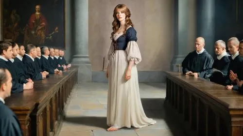 17th century courtroom, filled with spectators, monks, nuns, judges,leighton,khnopff,ceremonials,presides,justitia,sargent,coadjutor,margaery,cochaired,dubbeldam,a floor-length dress,honorary court,pr