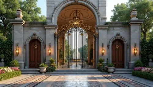 Grand entrance archway, ornate metal gates, majestic stone columns, elegant fountain, lush greenery, vibrant flowers, symmetrical walkways, intricate mosaics, imposing doorways, oversized wooden doors