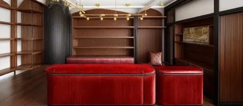 gendrate me a ultra realistic render for these image ,a set of red couches in a dark, modern living room,japanese-style room,railway carriage,compartment,train compartment,parlor,bookcases,luggage com