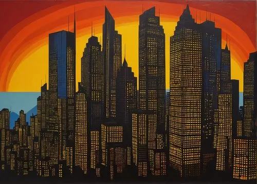 cityscapes,city skyline,city scape,manhattan skyline,new york skyline,city in flames,skylines,cityscape,megacities,metropolises,vasarely,skyline,glass painting,art deco background,cool pop art,effect pop art,skyscrapers,megapolis,city cities,sunburst background,Art,Artistic Painting,Artistic Painting 09