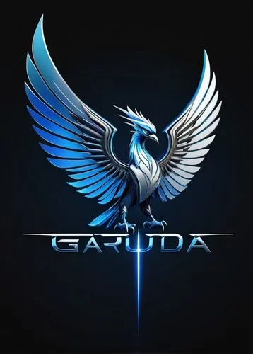 Garuda Linux logo, mythical bird-inspired design, vibrant blue and white color scheme, sleek feathers, sharp talons, abstract wings, bold typography, modern minimalist style, metallic sheen, reflectiv