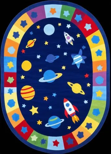 an oval rug with many planets and stars,star chart,astronira,astronomico,circular star shield,life stage icon,planeta