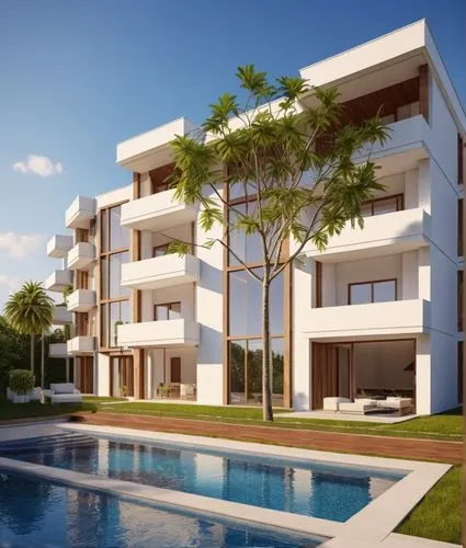 an artistic rendering of a luxurious three story building with pool and landscaping,residencial,inmobiliaria,inmobiliarios,fresnaye,condominia,desilets,Photography,General,Realistic