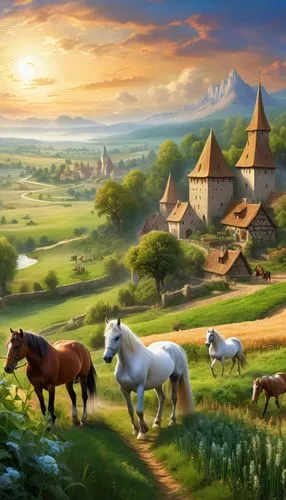 pony farm,beautiful horses,fantasy picture,equines,fantasy landscape,knight village,beleriand,townsmen,horses,equine,horse stable,shire,collonges,nargothrond,epona,arabians,countryside,landscape background,bucolic,stables,Illustration,Realistic Fantasy,Realistic Fantasy 01