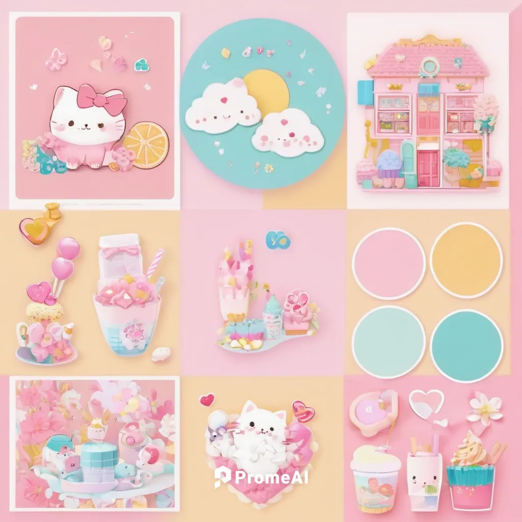 Compose a romantic moodboard with soft pastel hues,pastel colors,tea party collection,pastel,baby products,pink scrapbook,soft pastel,kawaii animal patches,kawaii ice cream,macaron pattern,ice cream i