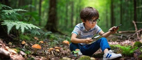 Sporey, cute Shota, 10yo, curious expression, big round glasses, messy brown hair, white shirt with blue stripes, orange shorts, sneakers, holding a magnifying glass, exploring, forest, sunny day, war