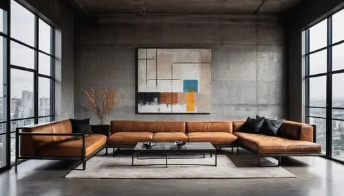 Bauhaus style, interior, minimalist, modern, rectangular shapes, clean lines, industrial materials, concrete walls, steel beams, wooden floors, minimal ornaments, functional furniture, leather sofa, g