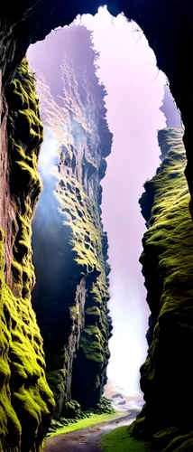 Mysterious cave, moss-covered walls, dimly lit, rugged stone structures, eerie atmosphere, misty fog, solo spotlight, dramatic shadows, natural arches, ancient formations, 45-degree angle, cinematic c