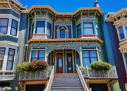 San Francisco, Victorian houses, steep hills, ornate facades, colorful buildings, walking tour, daytime, sunny weather, clear blue sky, few white clouds, gentle breeze, mature trees lining streets, hi