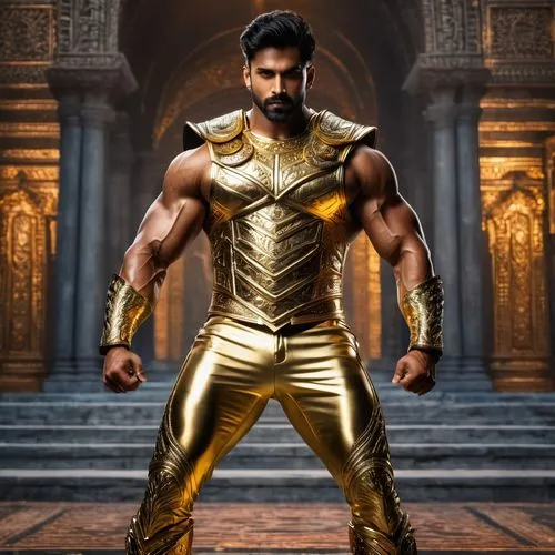 A son of Apollo as a full god, wearing a gold metal vest, gold  metal pants, and gold metal boots, with powerful muscles, Indian, insanely handsome,atharva,kanth,dhritarashtra,sarathkumar,bahubali,sin