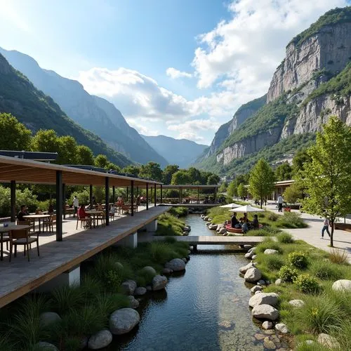 Mountainous valley landscape, lush greenery, serene water features, gentle slopes, natural stone walls, wooden bridges, modern bus stations, curved roofs, large windows, sliding glass doors, minimalis