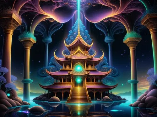 amazing fractal,digital art picture with a castle, mountains and water,3d fantasy,legendarium,fairy tale castle,fantasia,citadels,diwali background,fantasy landscape,diwali wallpaper,kingdoms,shambhal