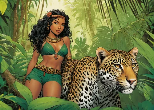 polynesian girl,exotic animals,tiger lily,mowgli,tropical animals,sumatran,amazone,polynesian,jungle,background ivy,the enchantress,cleopatra,amazonian oils,king of the jungle,anahata,cave girl,fantasy woman,exotic,jaguar,tarzan,Illustration,American Style,American Style 11