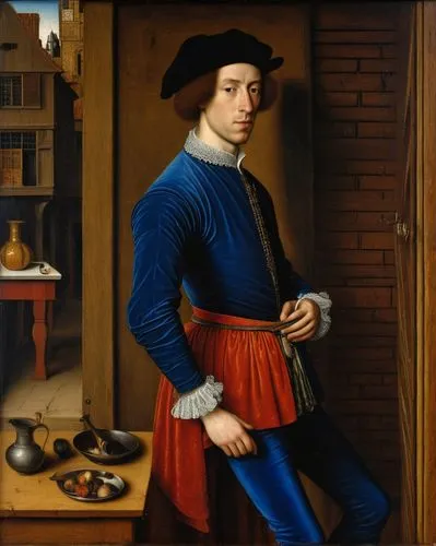 Oil on oak panel by Jan van Eyck, portrait shows a domestic scene of young handsome Giovanni di Nicolao shirtless and blue velvet pants in what is presumably their home in 1520, Jan van Eyck style,a p