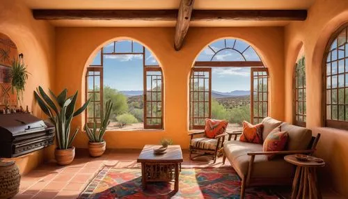 sunroom,hacienda,sitting room,beautiful home,home interior,tuscan,french windows,big window,ojai,mayacamas,indian canyon golf resort,great room,wooden windows,southwestern,family room,interior decor,living room,window with shutters,plantation shutters,fireplaces,Illustration,Retro,Retro 07