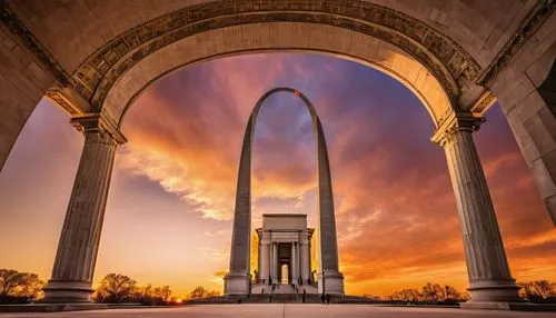 Architectural artifacts, St Louis, historic Gateway Arch, grandiose monument, intricate stone carvings, ornate bronze details, majestic columns, vibrant sunset, warm golden light, dramatic shadows, 3/