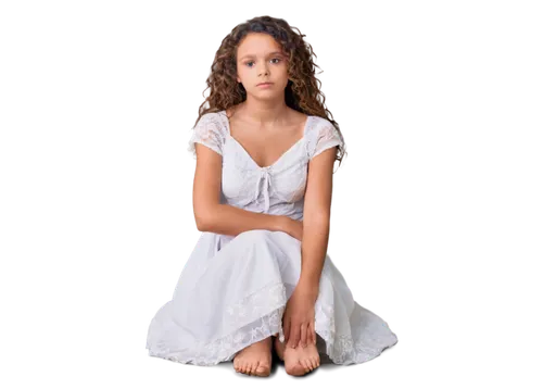 free sympathy image, solemn girl, gentle facial expression, comforting hand on chest, soft curly brown hair, calm makeup, white dress, flowing skirt, delicate legs, bare feet, peaceful atmosphere, war