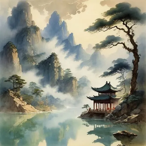 oriental painting,shaoming,huangshan,landscape background,yiping,wudang,rongfeng,world digital painting,mountain landscape,wuzong,mengzi,wenzhao,qingcheng,jinchuan,fantasy landscape,wenhao,huanghua,mountain scene,oriental,huanglong