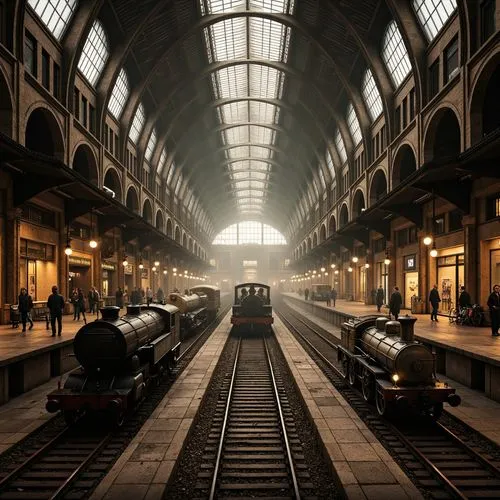 Grandiose train station, pointed arches, ribbed vaults, flying buttresses, stained glass windows, intricate stone carvings, ornate metalwork, dramatic lighting, elevated platforms, vintage locomotives