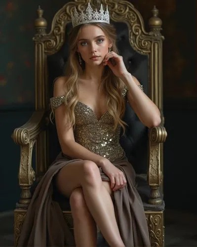 front view,A young queen wear metal skirt, legs crossed, sitting on a throne, she wearing a white crown and her left hand above it front view,A young queen wear metal skirt, legs crossed, sitting on a