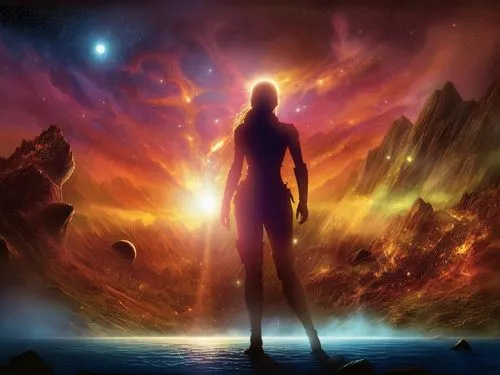 a person stands in front of an artistic painting,astral traveler,ashtar,samuil,zadkiel,universo,sirian,Illustration,Realistic Fantasy,Realistic Fantasy 25