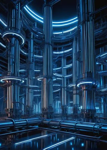 Modern futuristic PB2 architecture, sleek silver metallic structure, intricate circuitry patterns, glowing blue neon lights, massive cylindrical pillars, suspended walkways, vast open spaces, complex 