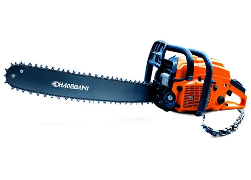 Mechanical chainsaw, revving engine, metallic body, worn grip, rusty chain, sharp blades, smoke emission, intense lighting, dynamic composition, close-up shot, shallow depth of field, high-contrast co