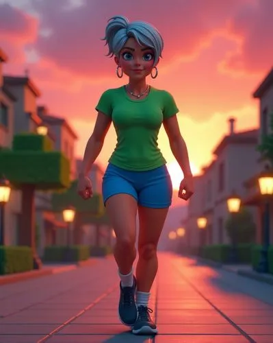 female runner,jenji,dusk background,shadman,dusk,3d render