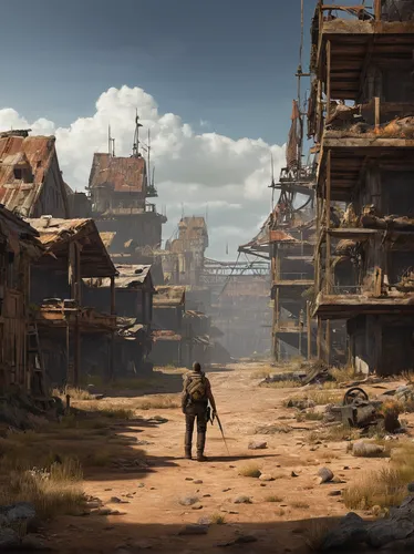 wasteland,wild west,post-apocalyptic landscape,fallout4,western,post apocalyptic,concept art,croft,american frontier,the desert,fallout,mountain settlement,nomad,the wanderer,desolate,bogart village,game art,human settlement,desert landscape,street canyon,Conceptual Art,Daily,Daily 06