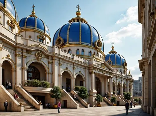 Majestic Prussian blue domes, golden accents, ornate details, intricate stone carvings, grand entrance archways, regal staircases, lavish chandeliers, opulent furnishings, majestic columns, symmetrica