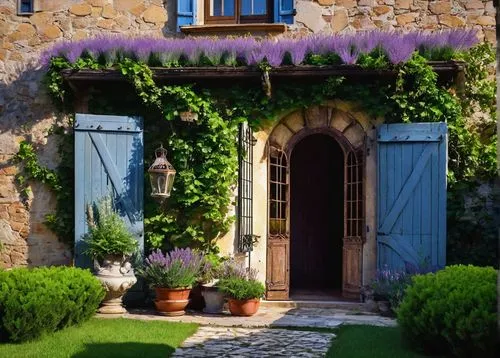 French home architecture, countryside villa, rustic stone walls, steeply pitched slate roof, wooden shutters, ornate ironwork balcony, curved doorways, arched windows, soft golden lighting, afternoon 