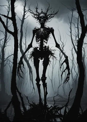 slender,creepy tree,endoskeleton,haunted forest,dark art,skeletal,skeletal structure,vintage skeleton,withered,halloween background,forest dark,iridigorgia,halloween bare trees,haunt,supernatural creature,primitive man,danse macabre,dance of death,skeleltt,skeletons,Conceptual Art,Fantasy,Fantasy 10