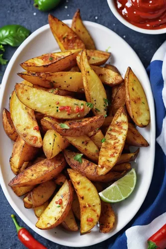 potato wedges,fried potatoes,rosemary potatoes,potato fries,roasted potatoes,home fries,patatas bravas,sweet potato fries,ukrainian dill potatoes,potatoes with vegetables,potato crisps,bread fries,tomate frito,fried aubergine,lyonnaise potatoes,friench fries,batata harra,hamburger fries,smoked paprika,fried potato,Illustration,Realistic Fantasy,Realistic Fantasy 19