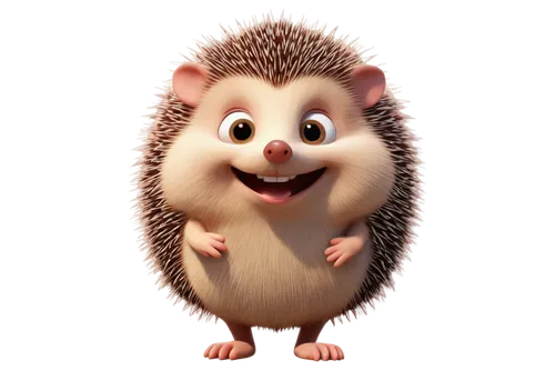 cute hedgehog, cartoon style, solo, standing, white belly, brown back, spikes on back, big round eyes, smile, pink nose, little hands, feet, green grass, sunny day, 3/4 composition, soft focus, warm c