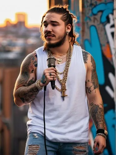 Post Malone, rapper, relaxed posture, messy brown hair, tattoos, golden chain necklace, white tank top, ripped blue jeans, black sneakers, microphone in hand, standing, urban graffiti background, city