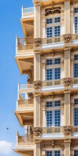 generate the image with haveli architectural ornaments in the building elevations,an ornate building with many balconies and balcony,visalakshi,hiranandani,gopuram,montpellier,benares,udaipur,Photogra