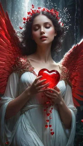 Angel girl, Divine red elixir of love flows in luminous streams of love, ,an angel is holding a heart surrounded by red flowers,winged heart,cupid,queen of hearts,fallen angel,persephone,cupidity,Conc