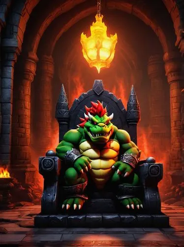 Dark fantasy, Bowser's Castle, gothic architecture, stone walls, red carpets, grand throne room, high ceiling, chandeliers, torches, lava pits, Koopa Troopas standing guard, King Bowser sitting on thr