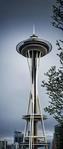 Seattle, modern architecture, Space Needle, futuristic design, steel structure, glass exterior, rounded shape, urban landscape, cityscape, cloudy sky, misty atmosphere, afternoon light, 3/4 compositio