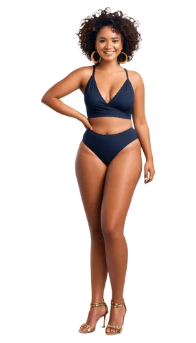 Black woman, bikini, curvy figure, beach body, afro hair, golden earrings, bright smile, dimples, toned legs, high heels, standing pose, hand on hip, confident expression, Caribbean skin tone, shiny s