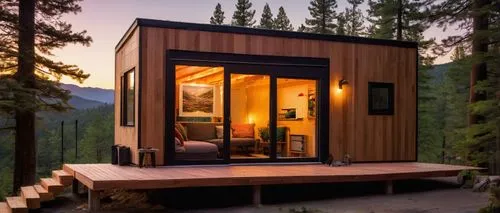 Tiny house, alternative architecture, modern minimalist, cube-shaped, wooden exterior, large windows, sliding glass door, rooftop garden, solar panels, eco-friendly, recycled materials, compact interi