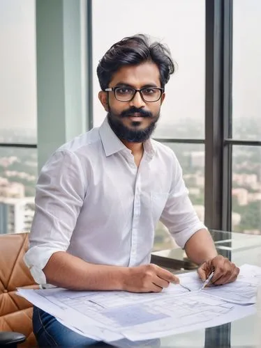 Male architect, designer, Bangalore, 30s, stylish hair, black rimmed glasses, trimmed beard, white shirt, dark blue jeans, brown leather shoes, holding blueprints, standing, modern office interior, gl