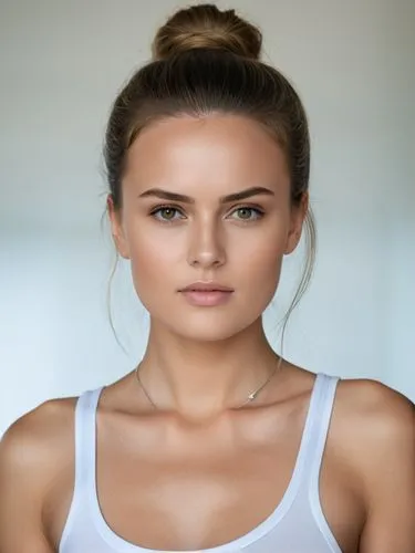 Full-size sample portrait,a beautiful woman with blonde hair is wearing a white shirt and a ponytail,procollagen,collagen,sternocleidomastoid,microdermabrasion,natural cosmetic,elitsa,Photography,Gene