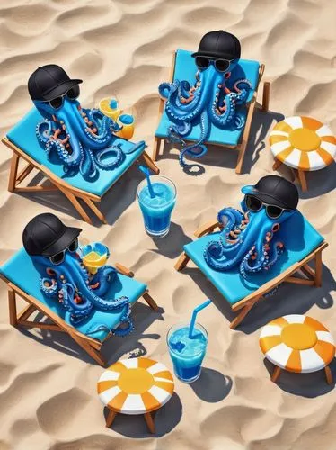 Five octopus lying on lounge chairs on the beach wearing a black cap and sun glasses, drinking and blue drink,beach furniture,beach chairs,holidaymakers,deckchairs,summer beach umbrellas,cabanas,sunbe