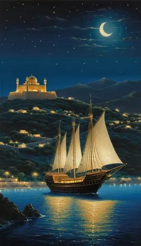 cyclades,aivazovsky,sea sailing ship,night scene,sea fantasy,sail ship,sailing ship,sailing ships,patmos,fantasy picture,windjammer,hellenic,mostovoy,sailing boat,phoenicians,dodecanese,azamara,caravel,galleon,aegean sea,Illustration,Realistic Fantasy,Realistic Fantasy 08