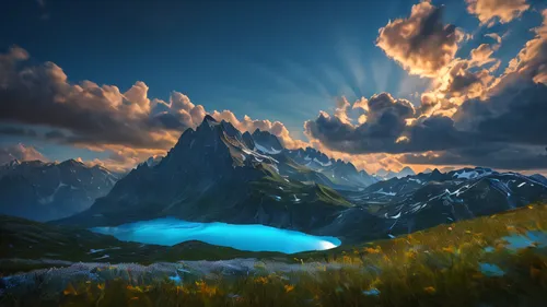 fantasy landscape,mountain sunrise,mountain landscape,landscape background,alpine meadow,heaven lake,landscape mountains alps,mountain world,mountainous landscape,salt meadow landscape,mountain valleys,fantasy picture,alpine lake,alpine sunset,high alps,full hd wallpaper,beautiful landscape,mountain meadow,virtual landscape,3d fantasy,Photography,General,Fantasy